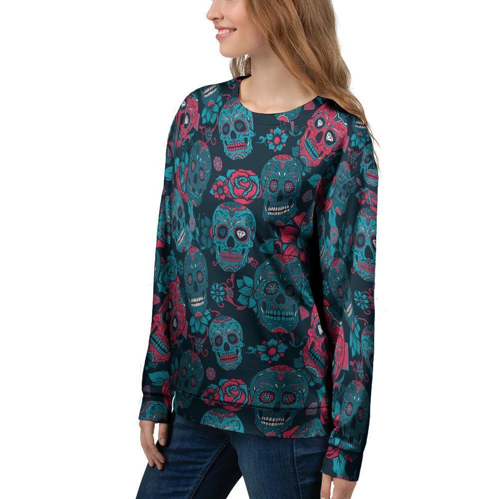 Blue And Red Floral Sugar Skull Women's Sweatshirt-grizzshop