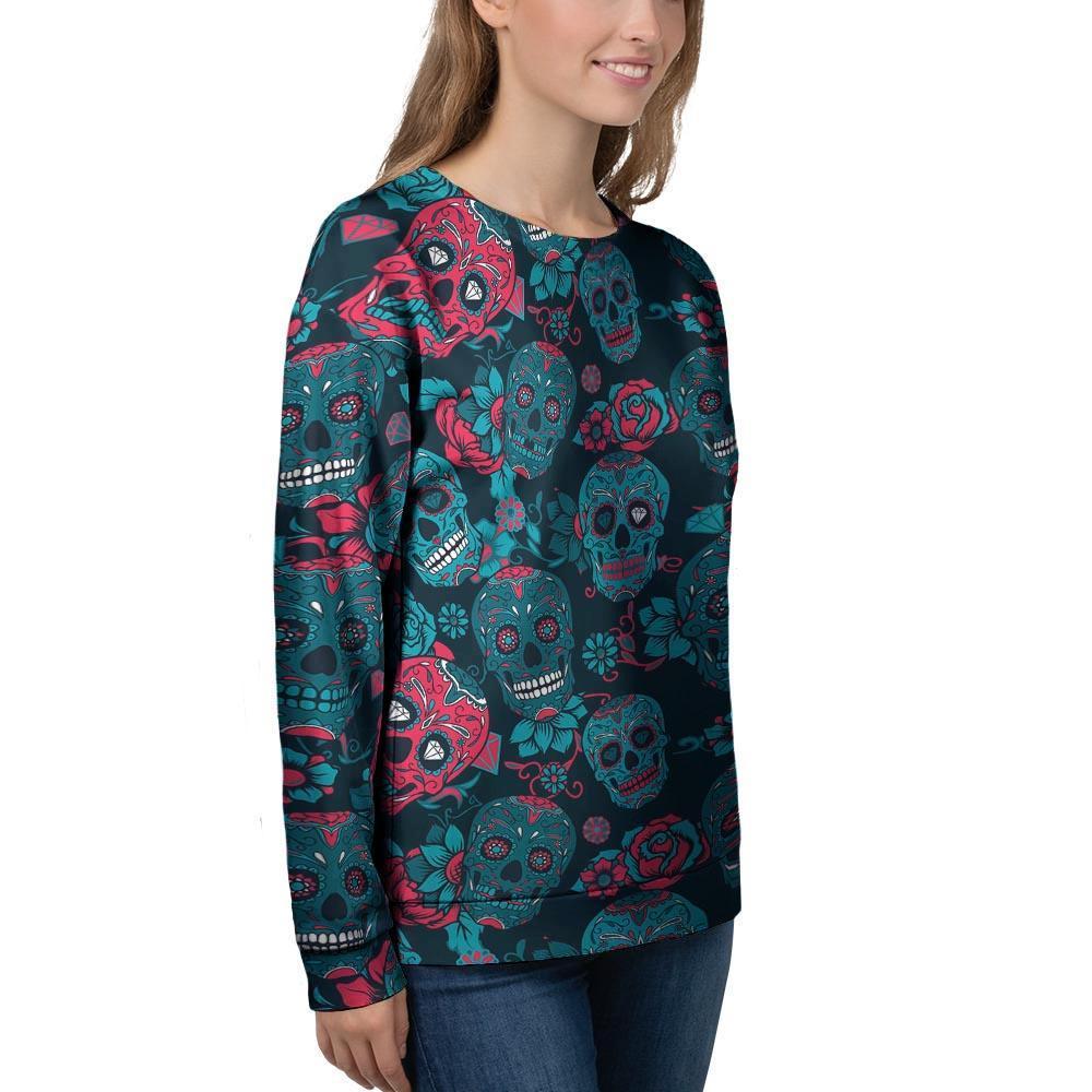 Blue And Red Floral Sugar Skull Women's Sweatshirt-grizzshop