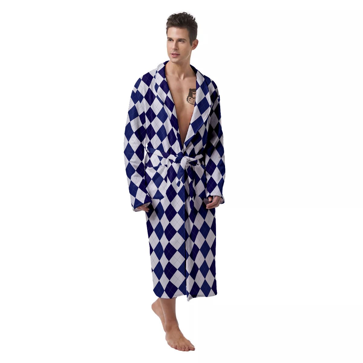 Blue And White Navy Argyle Print Pattern Men's Robe-grizzshop