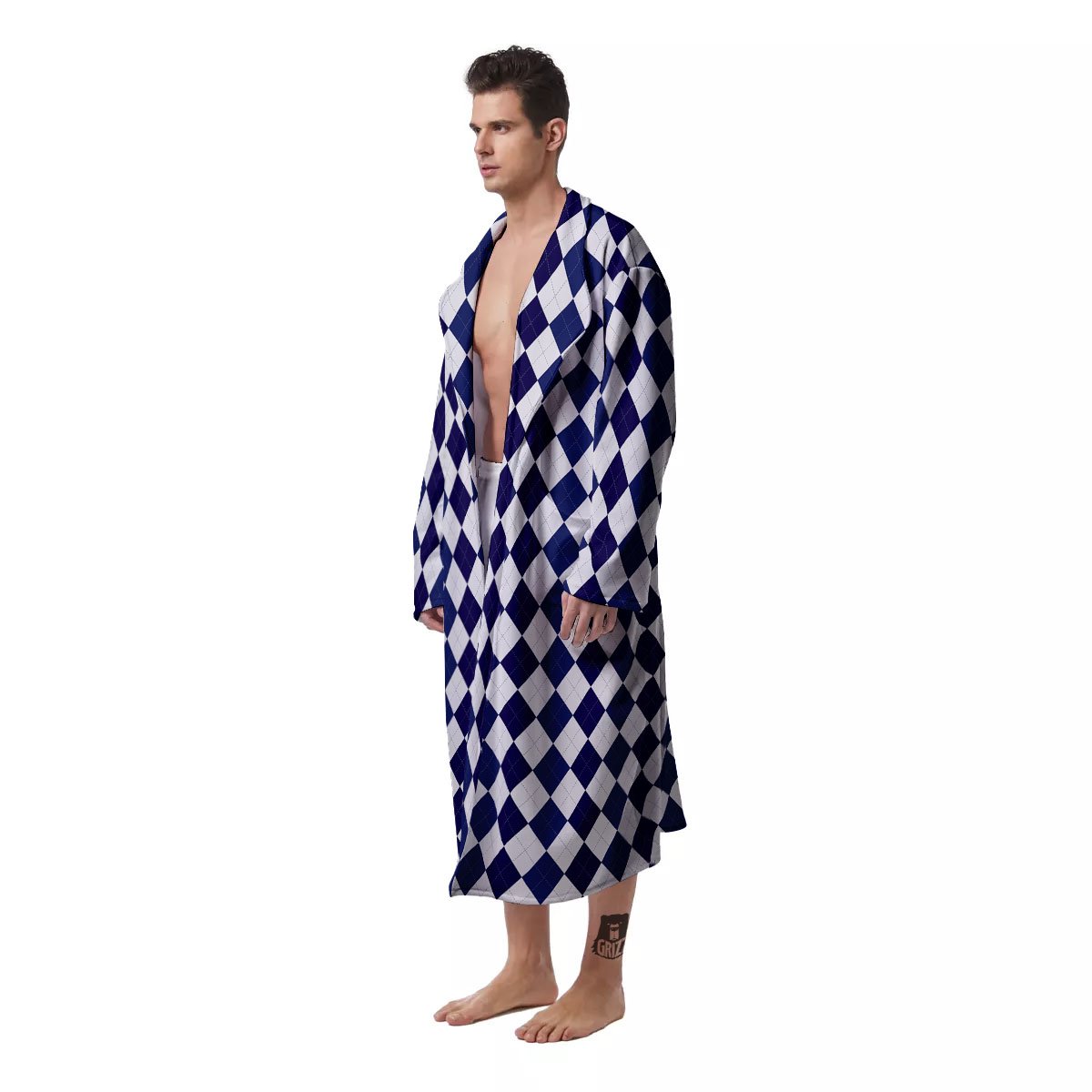 Blue And White Navy Argyle Print Pattern Men's Robe-grizzshop