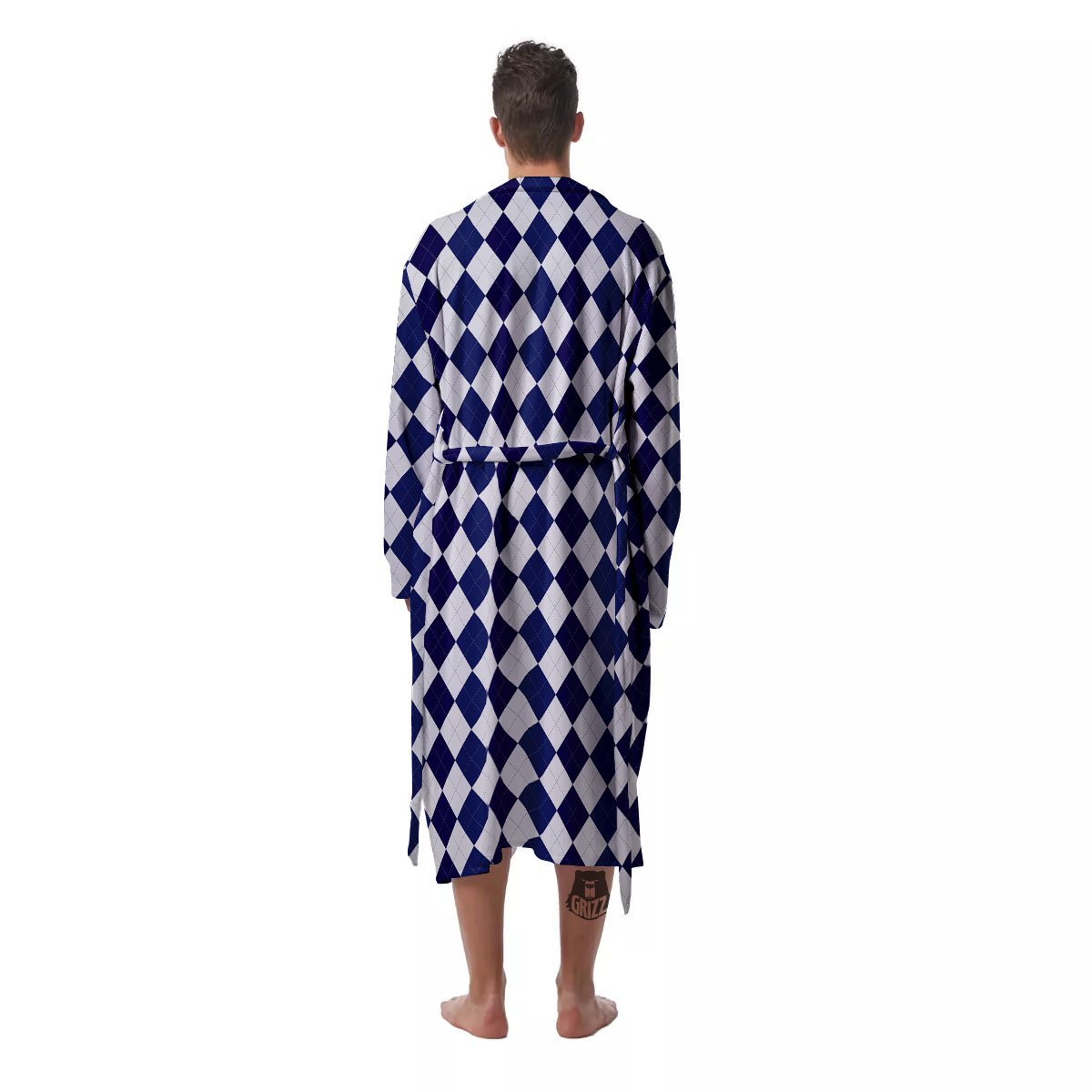 Blue And White Navy Argyle Print Pattern Men's Robe-grizzshop