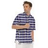 Blue And White Navy Argyle Print Pattern Men's Short Sleeve Shirts-grizzshop