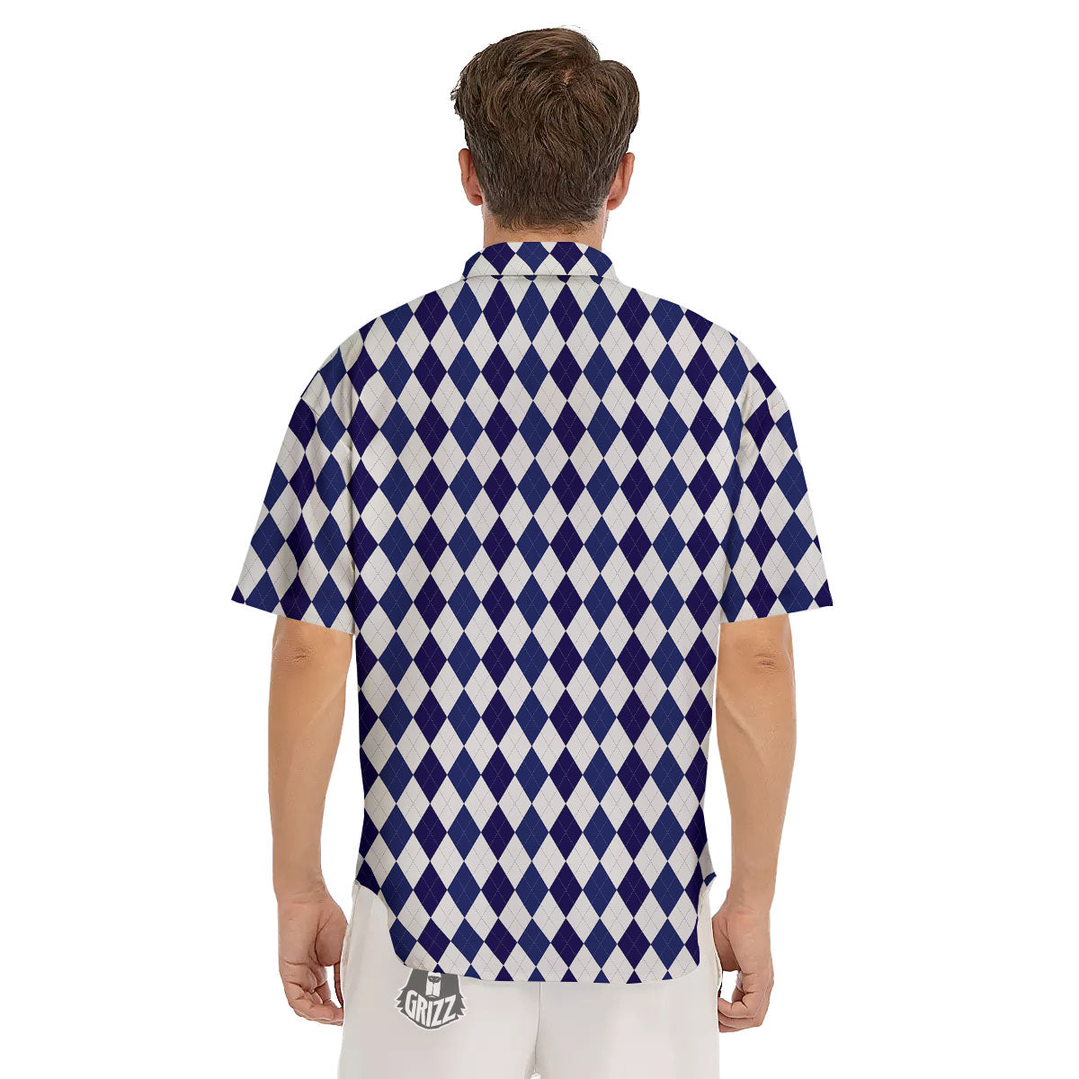 Blue And White Navy Argyle Print Pattern Men's Short Sleeve Shirts-grizzshop