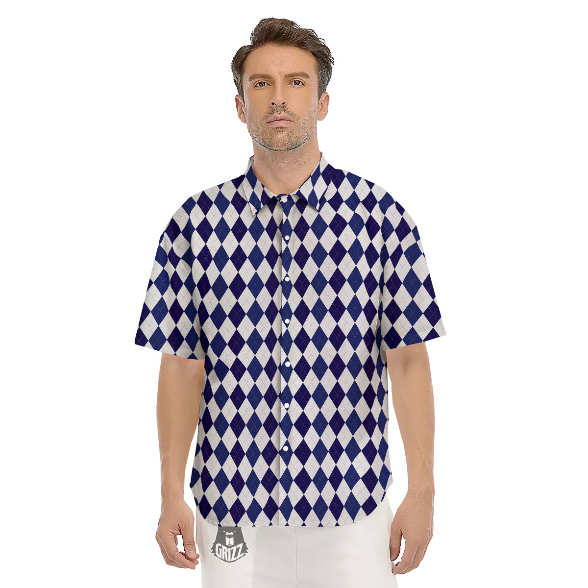 Blue And White Navy Argyle Print Pattern Men's Short Sleeve Shirts-grizzshop