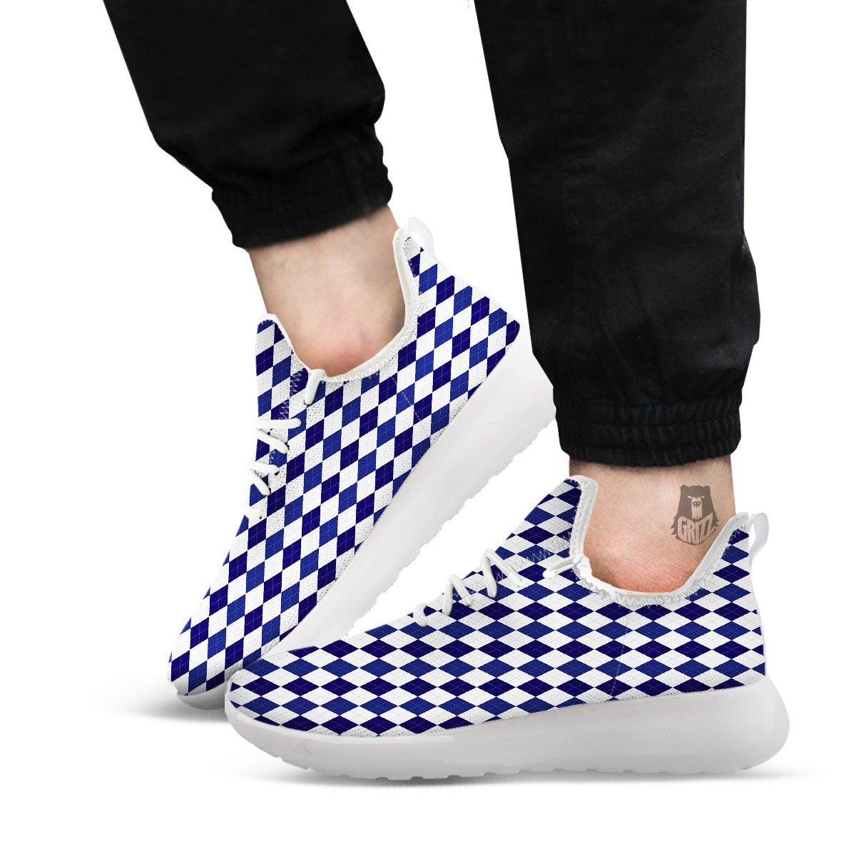 Blue And White Navy Argyle Print Pattern White Athletic Shoes-grizzshop