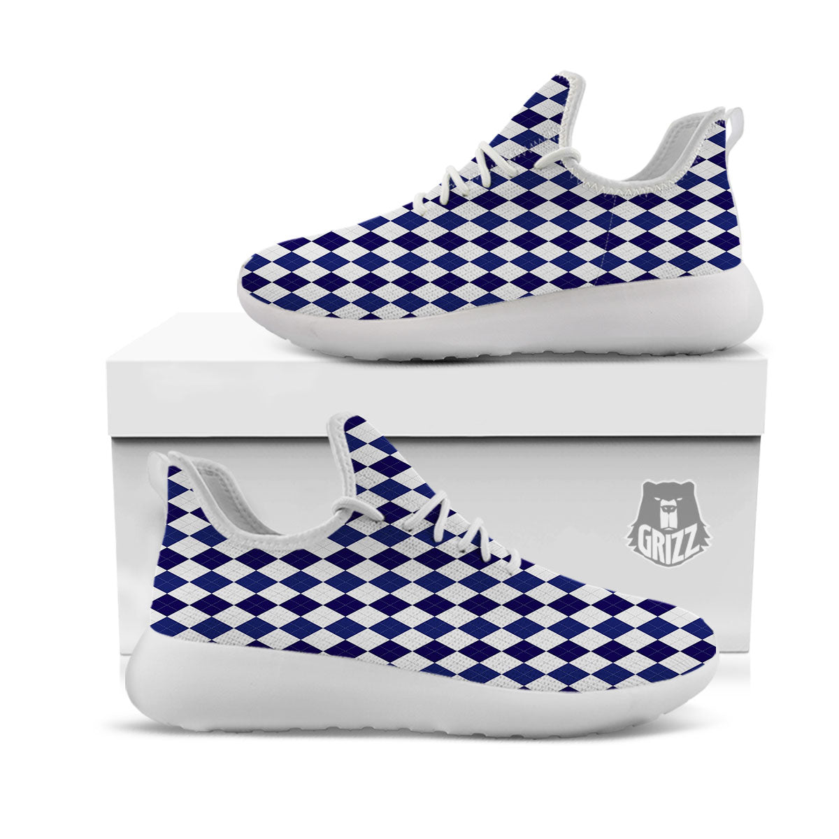 Blue And White Navy Argyle Print Pattern White Athletic Shoes-grizzshop