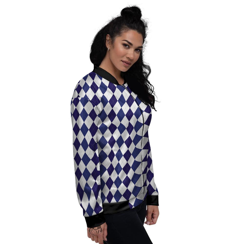 Blue And White Navy Argyle Print Pattern Women's Bomber Jacket-grizzshop