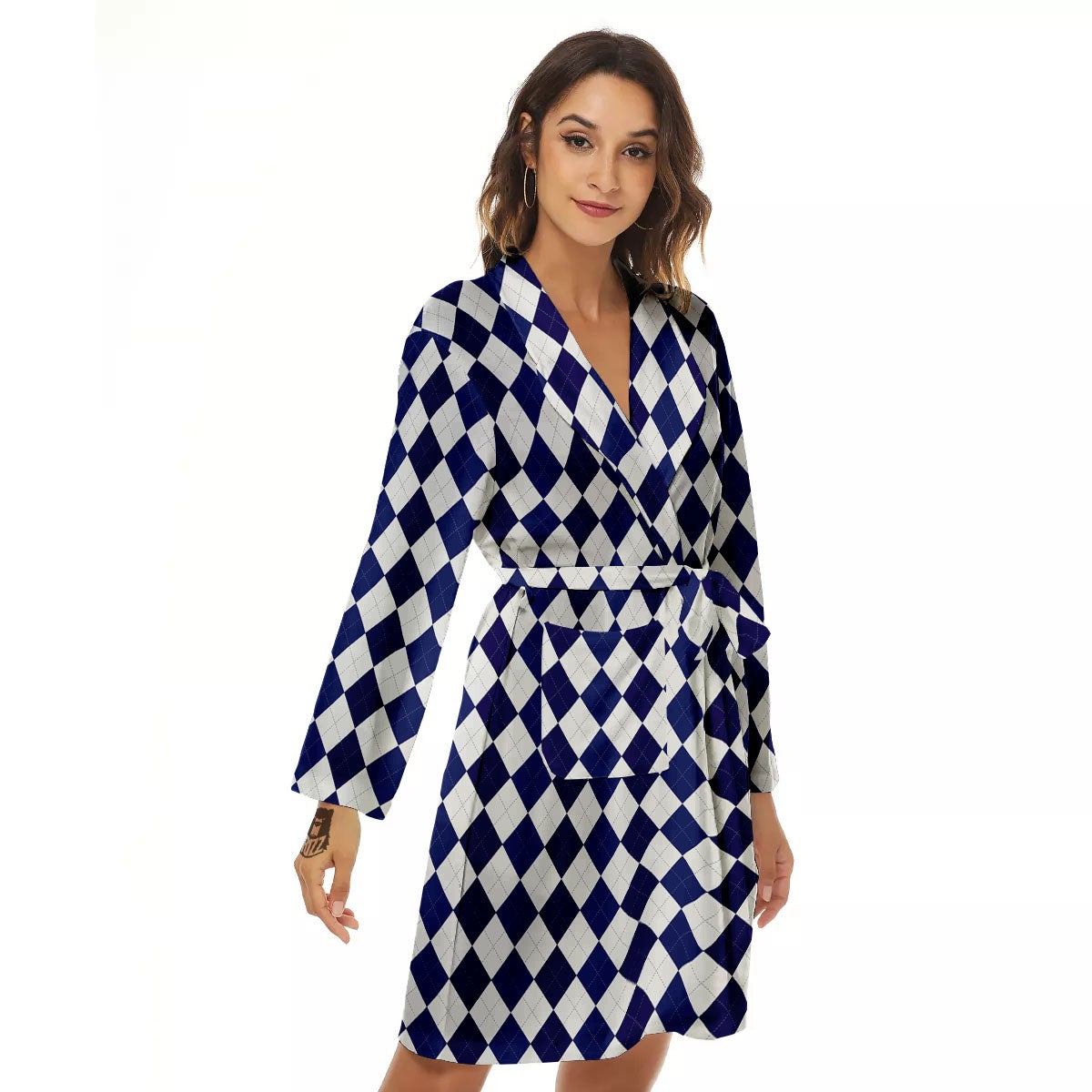Blue And White Navy Argyle Print Pattern Women's Robe-grizzshop