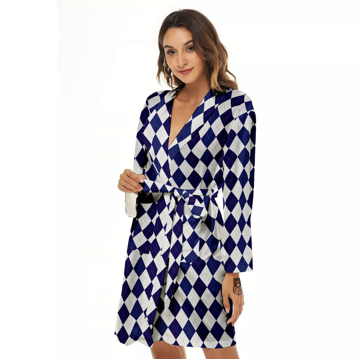Blue And White Navy Argyle Print Pattern Women's Robe-grizzshop