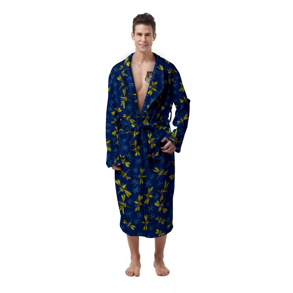 Blue And Yellow Mosquito Flying Print Pattern Men's Robe-grizzshop