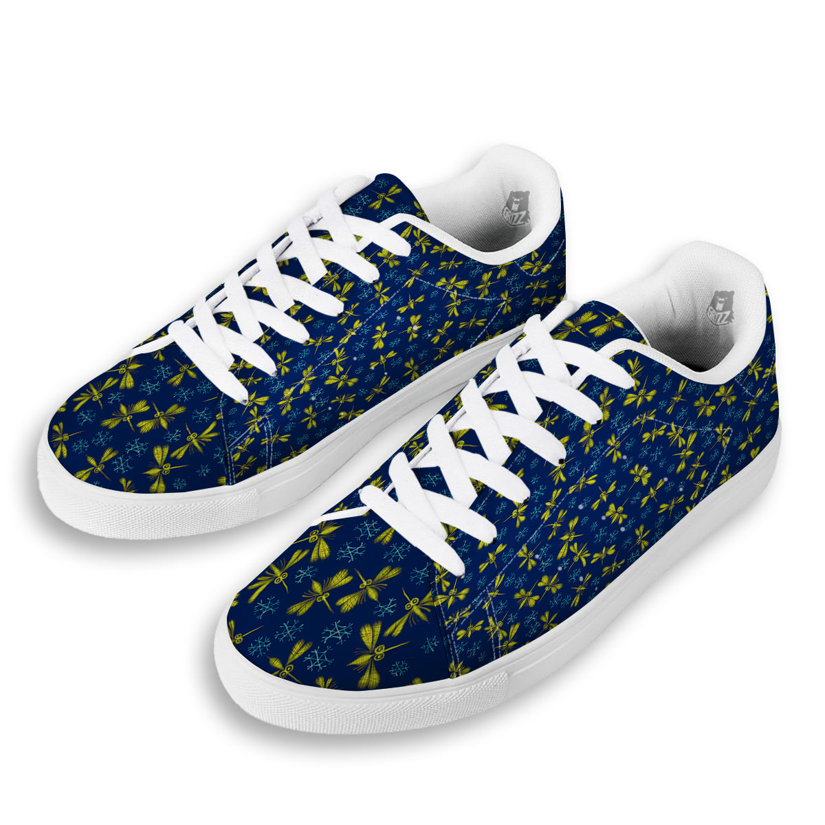 Blue And Yellow Mosquito Flying Print Pattern White Low Top Sneakers-grizzshop
