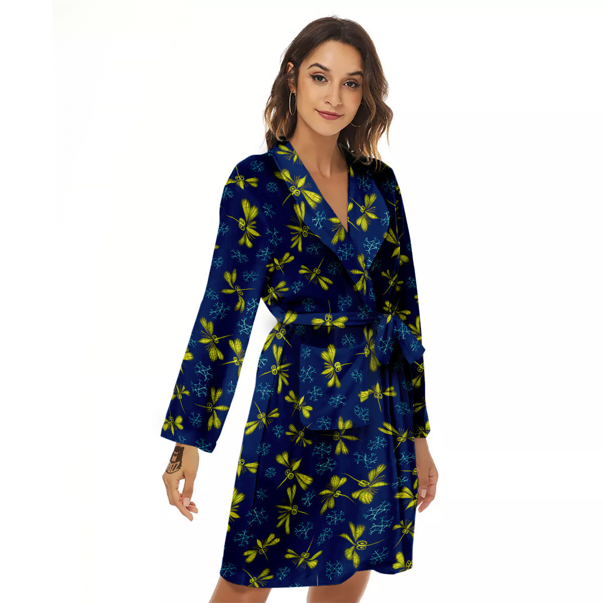 Blue And Yellow Mosquito Flying Print Pattern Women's Robe-grizzshop