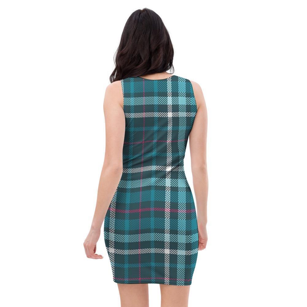 Blue Aqua Plaid Tartan Bodycon Dress-grizzshop