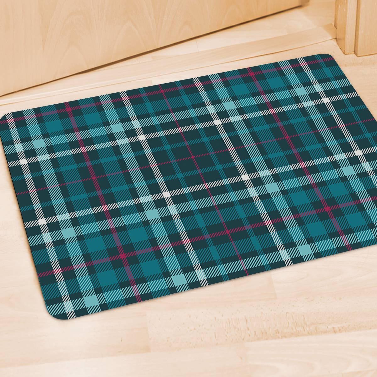Blue Aqua Plaid Tartan Door Mat-grizzshop