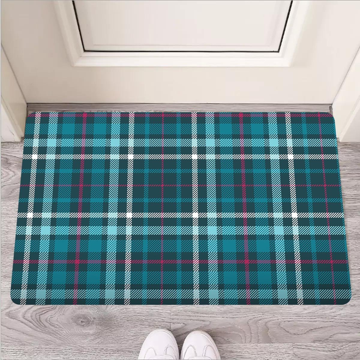 Blue Aqua Plaid Tartan Door Mat-grizzshop