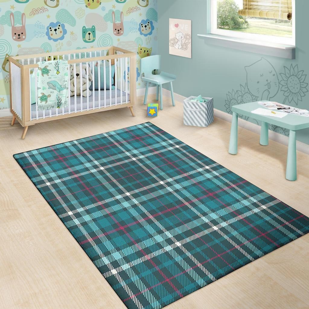 Blue Aqua Plaid Tartan Floor Mat-grizzshop