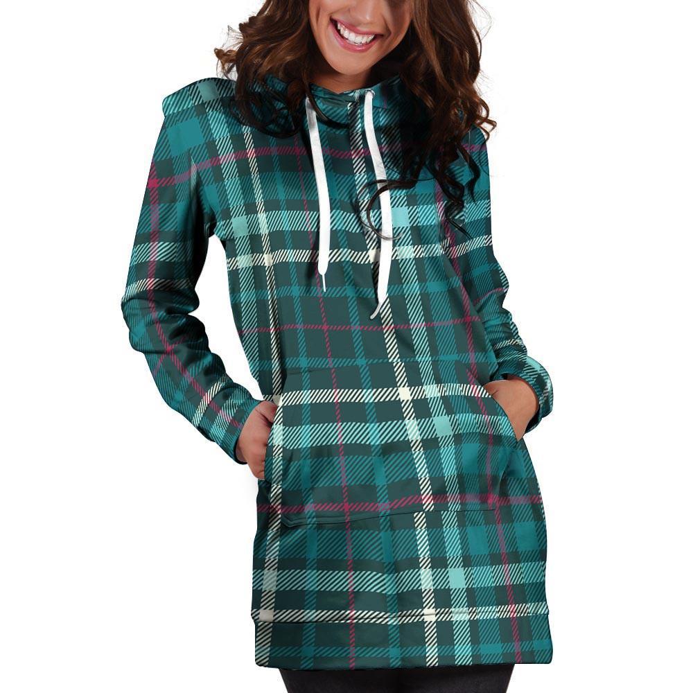 Blue Aqua Plaid Tartan Hoodie Dress-grizzshop