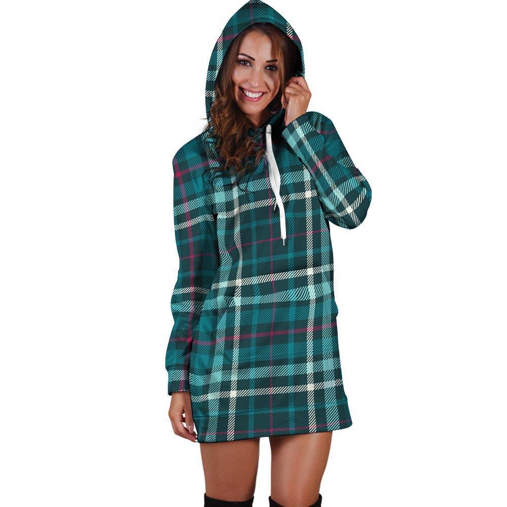 Blue Aqua Plaid Tartan Hoodie Dress-grizzshop