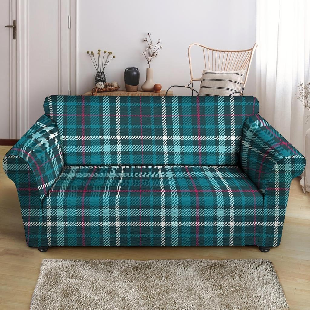 Blue Aqua Plaid Tartan Loveseat Cover-grizzshop