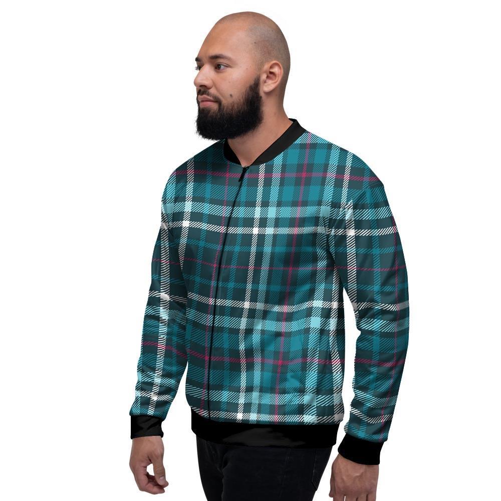 Blue Aqua Plaid Tartan Men's Bomber Jacket-grizzshop