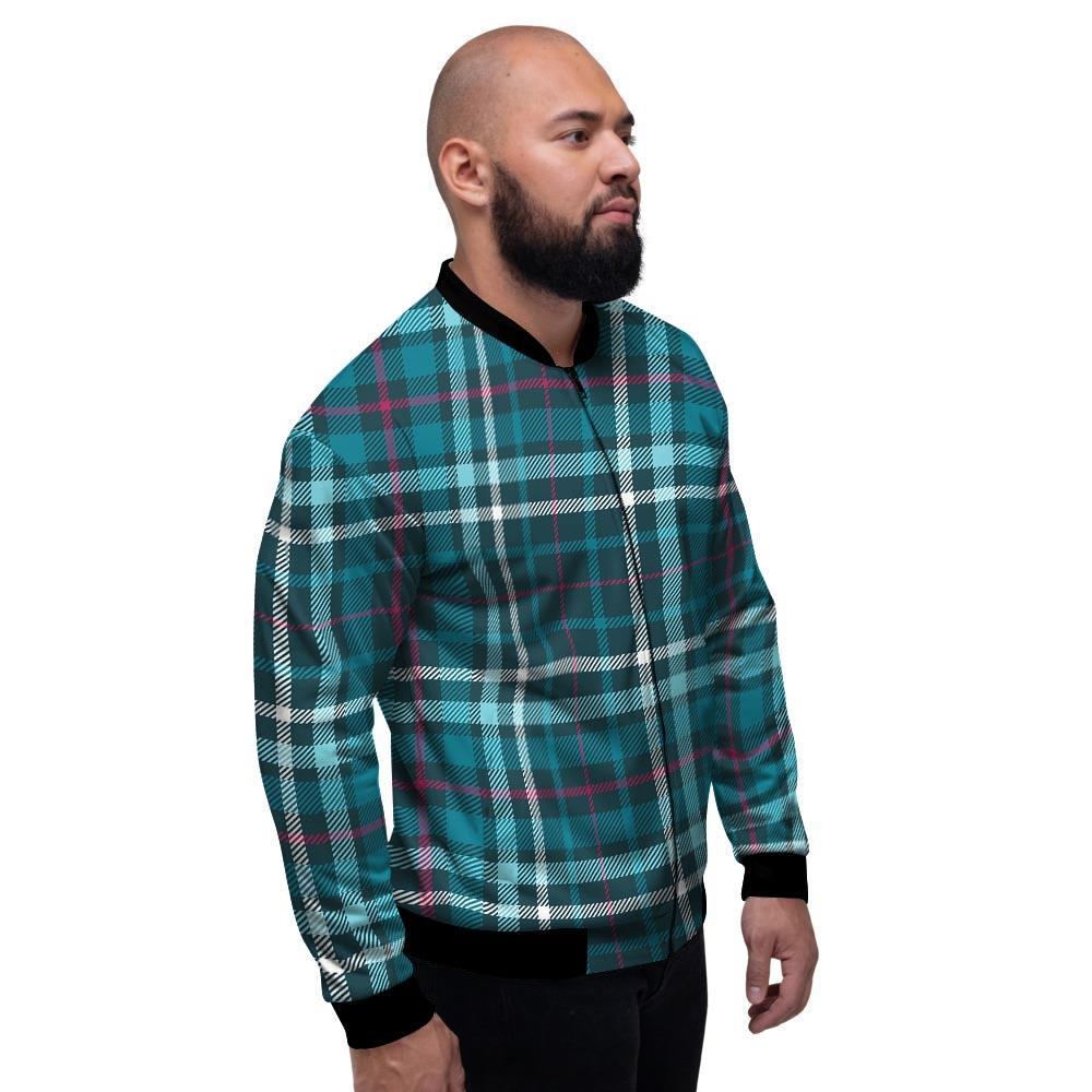 Blue Aqua Plaid Tartan Men's Bomber Jacket-grizzshop