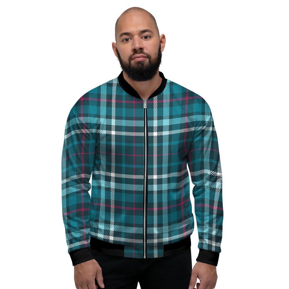 Blue Aqua Plaid Tartan Men's Bomber Jacket-grizzshop