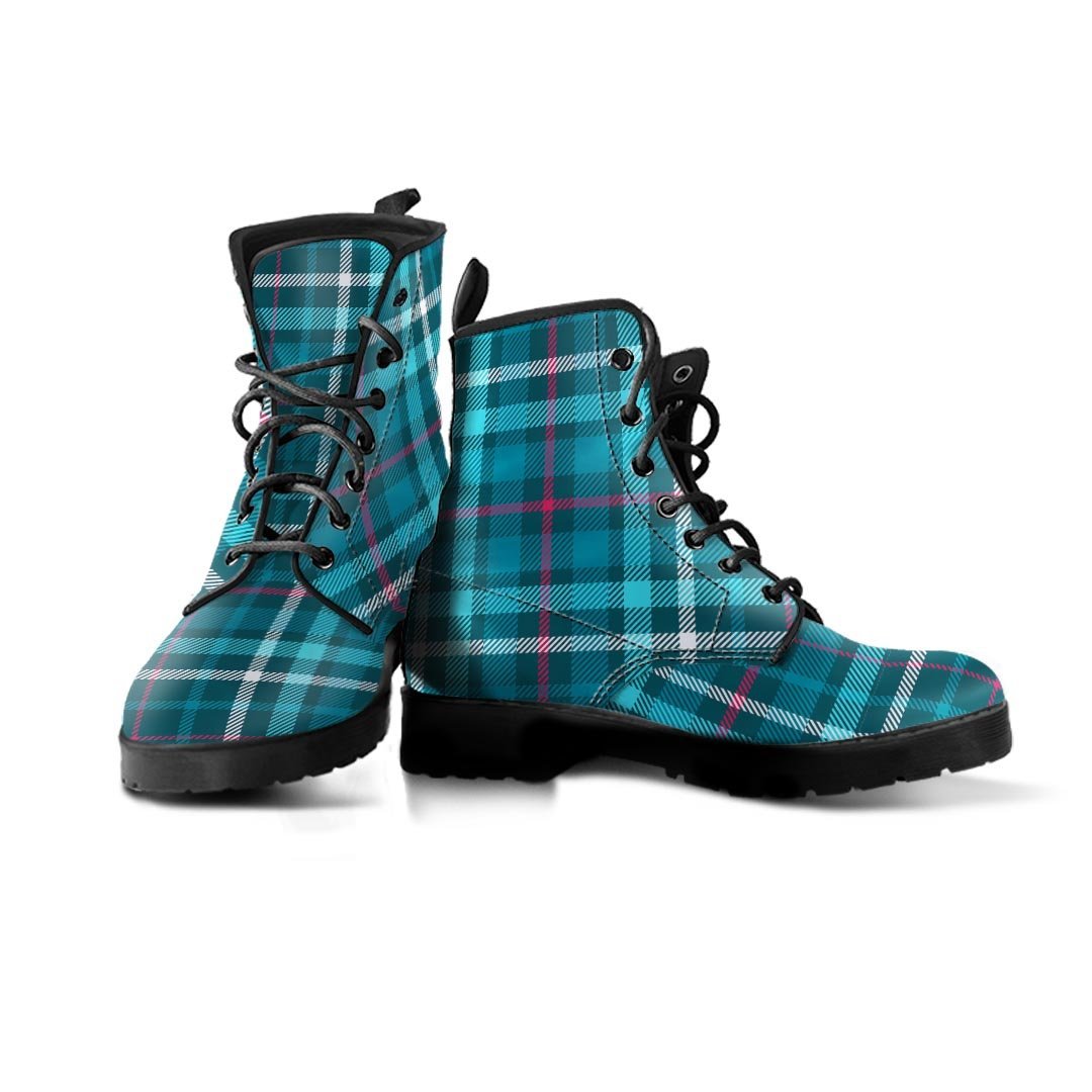 Blue Aqua Plaid Tartan Men's Boots-grizzshop