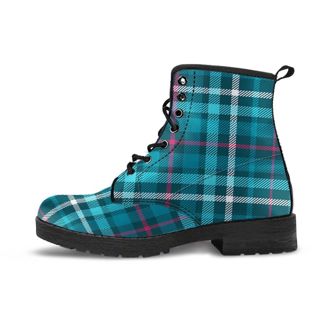 Blue Aqua Plaid Tartan Men's Boots-grizzshop