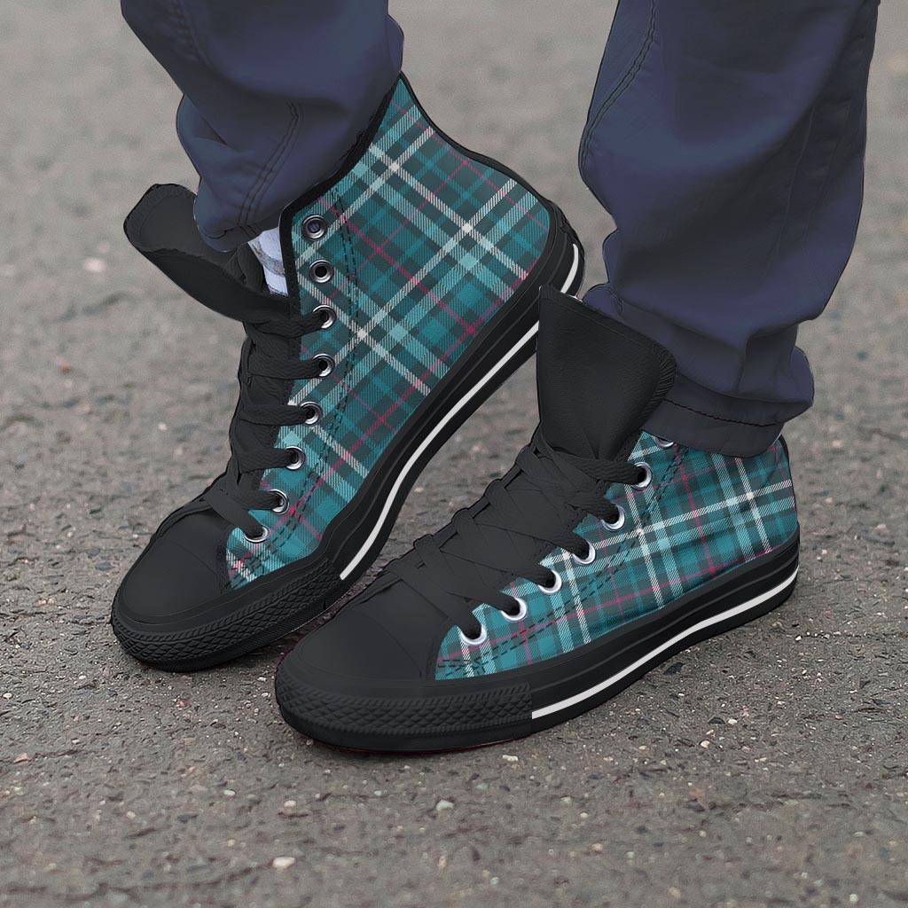 Blue Aqua Plaid Tartan Men's High Top Shoes-grizzshop