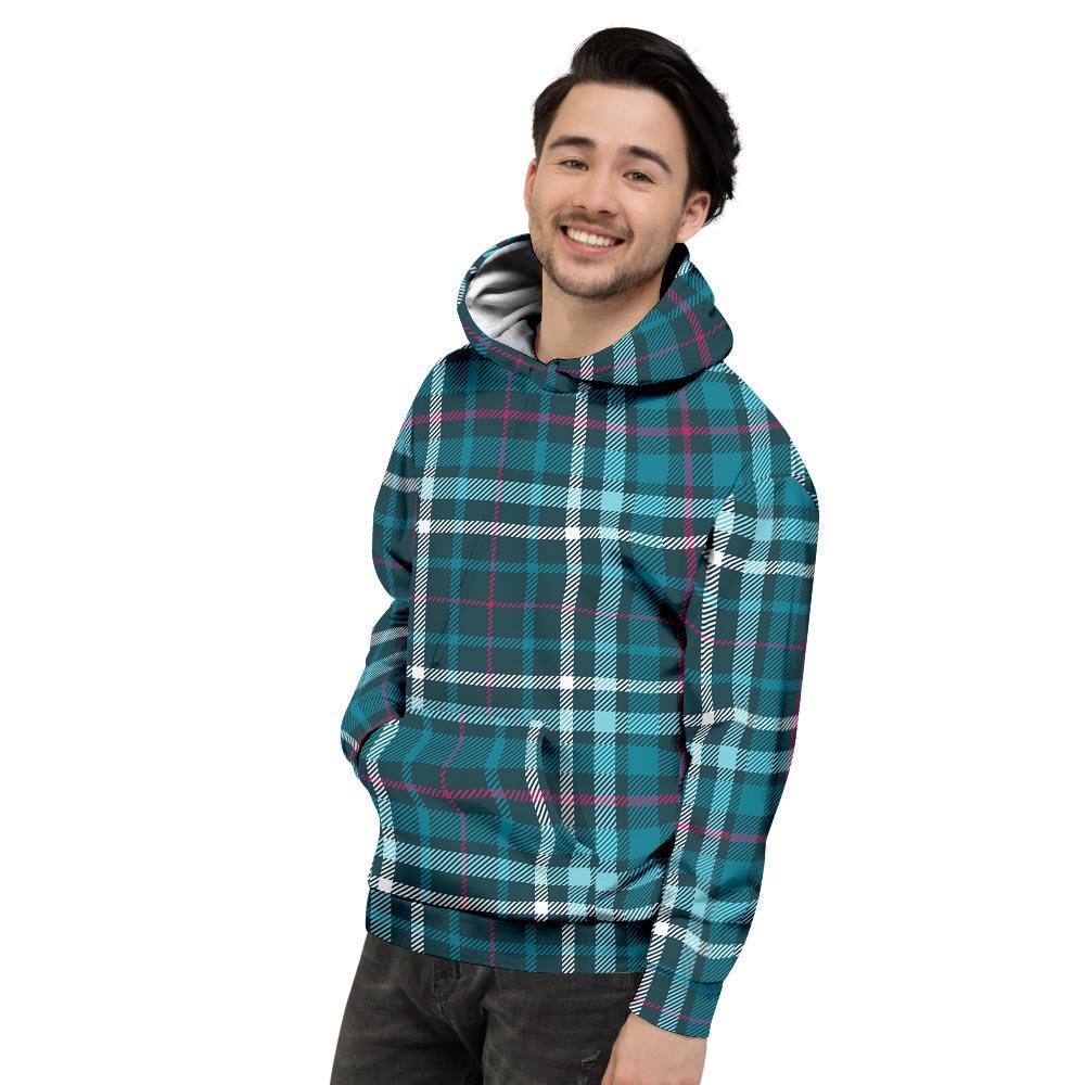 Blue Aqua Plaid Tartan Men's Hoodie-grizzshop