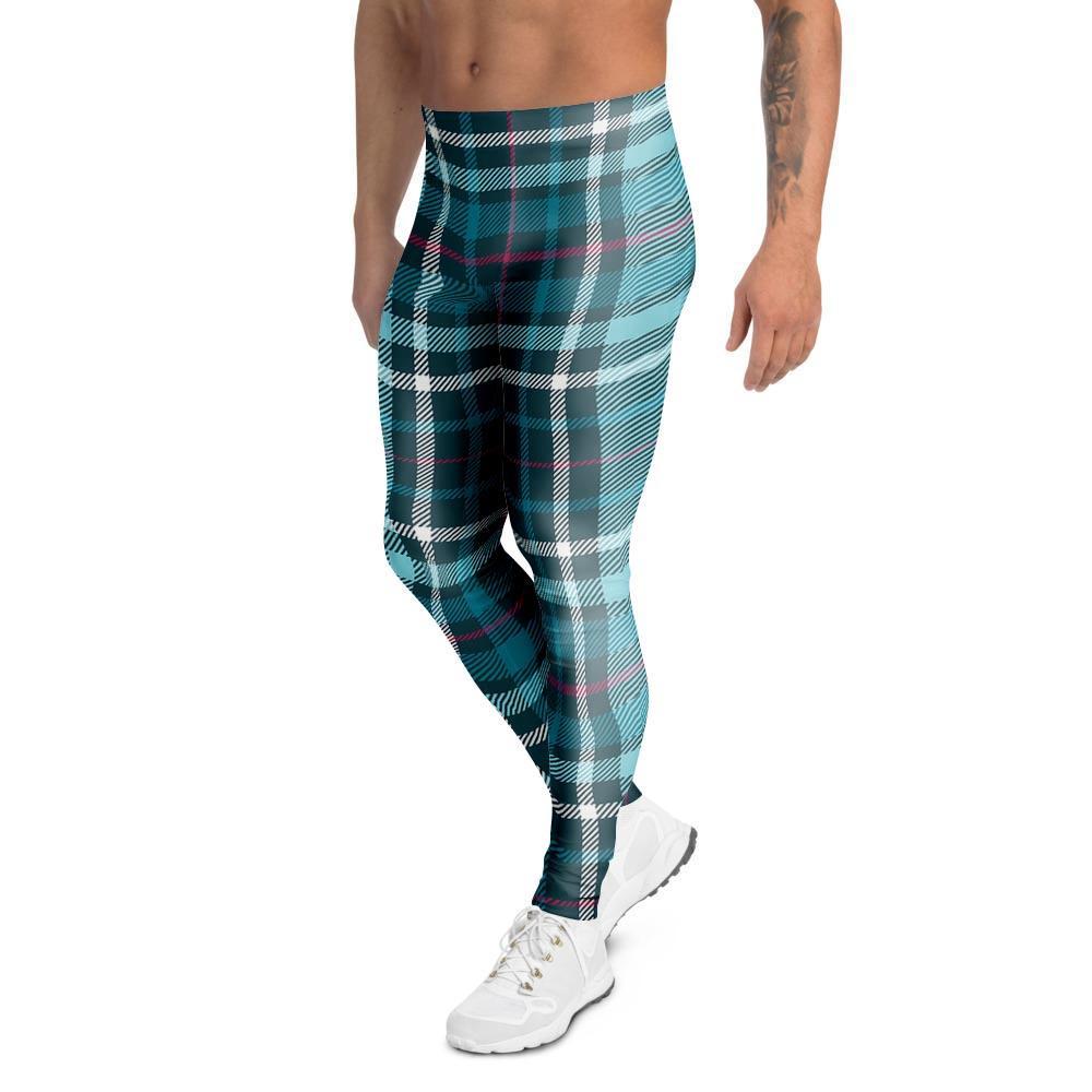 Blue Aqua Plaid Tartan Men's Leggings-grizzshop