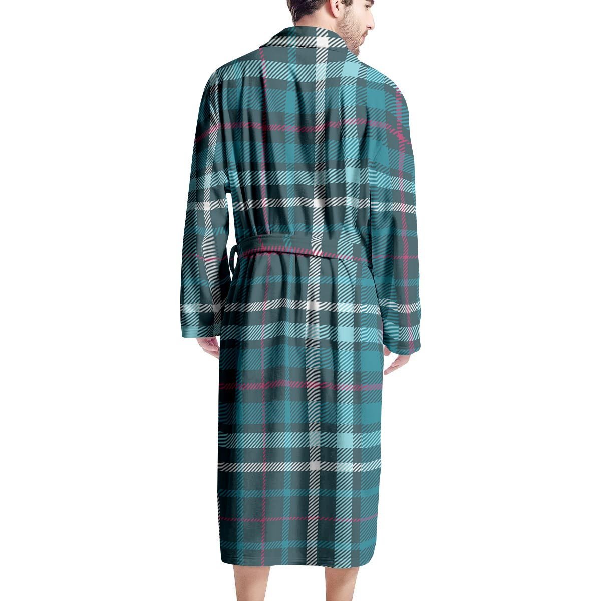 Blue Aqua Plaid Tartan Men's Robe-grizzshop