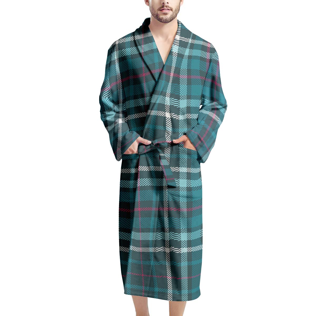 Blue Aqua Plaid Tartan Men's Robe-grizzshop