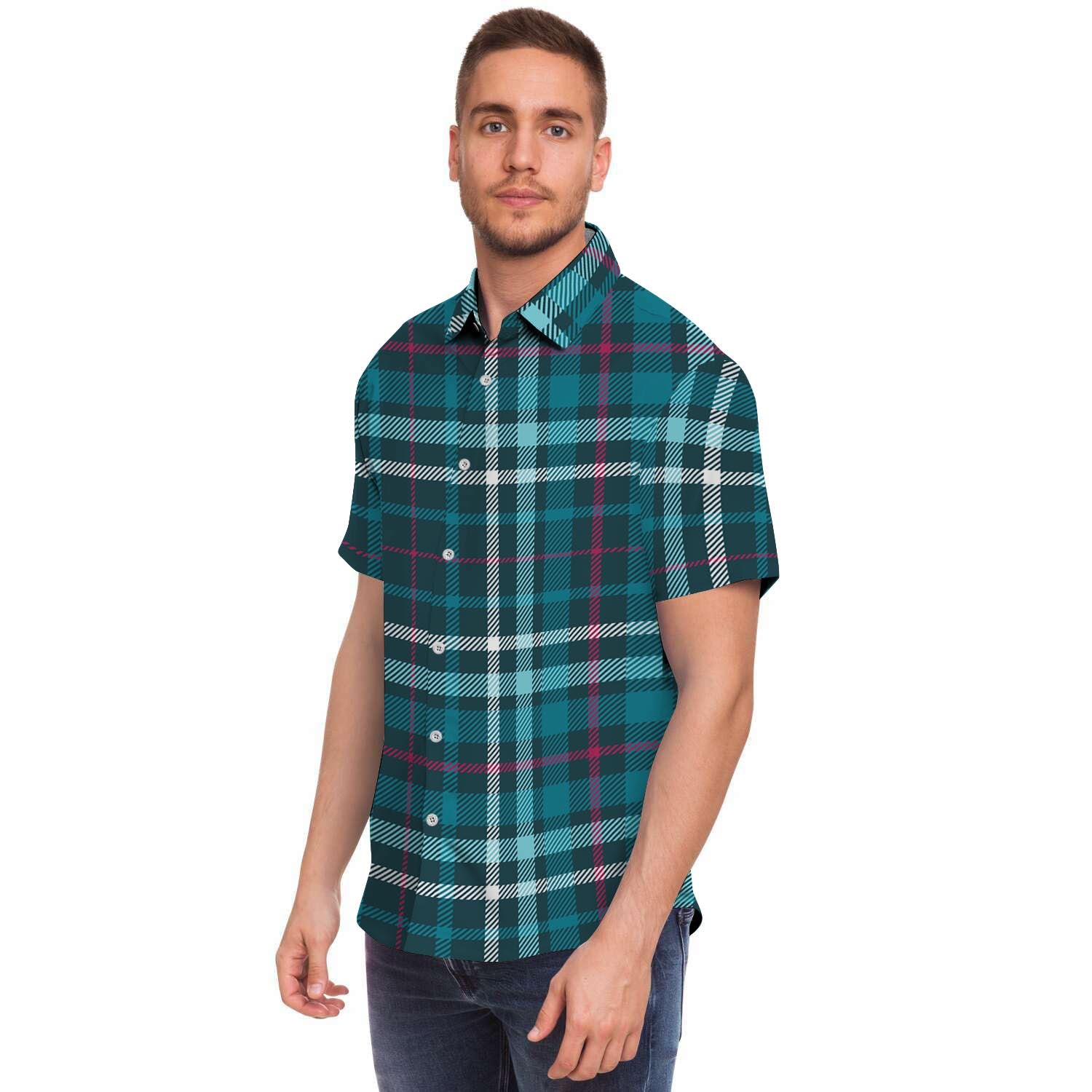 Blue Aqua Plaid Tartan Men's Short Sleeve Shirt-grizzshop