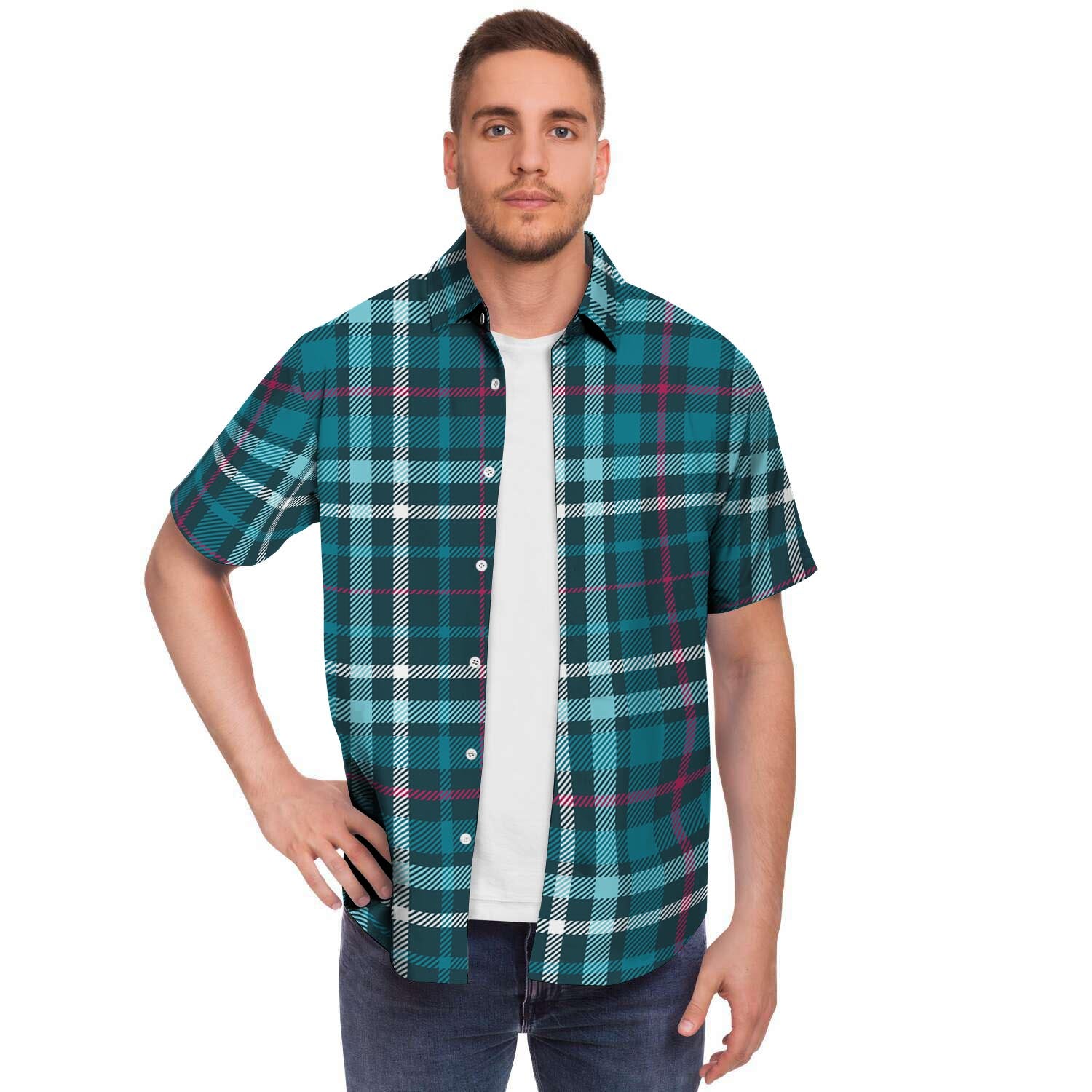 Blue Aqua Plaid Tartan Men's Short Sleeve Shirt-grizzshop