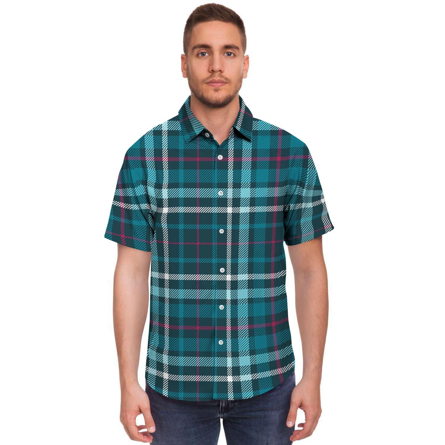 Blue Aqua Plaid Tartan Men's Short Sleeve Shirt-grizzshop