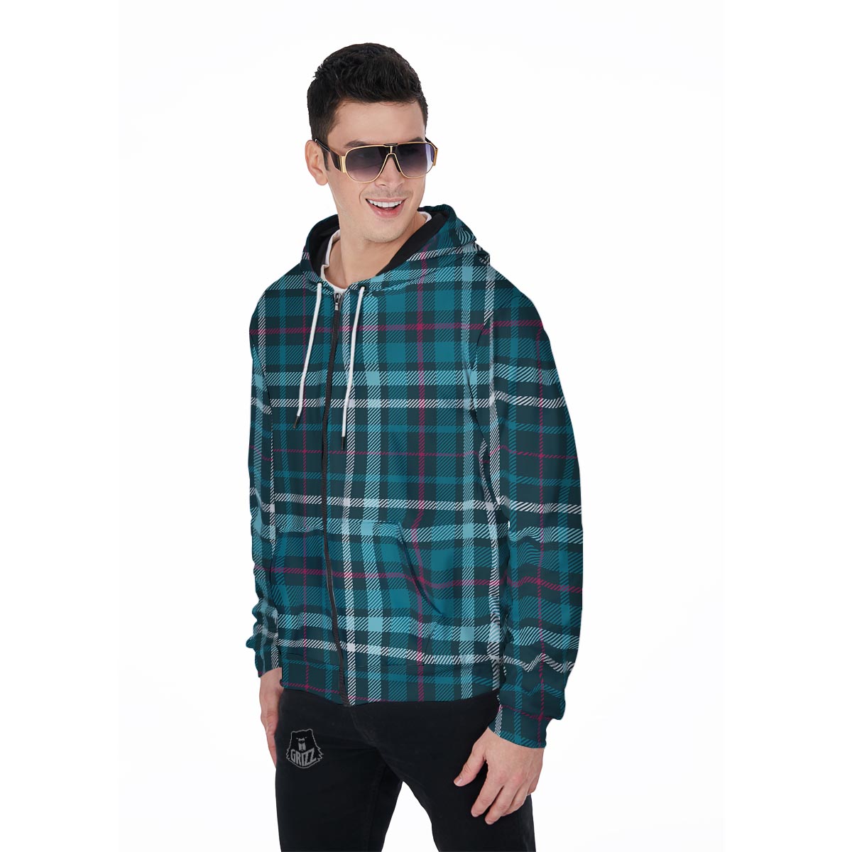 Blue Aqua Plaid Tartan Men's Zip Up Hoodie-grizzshop