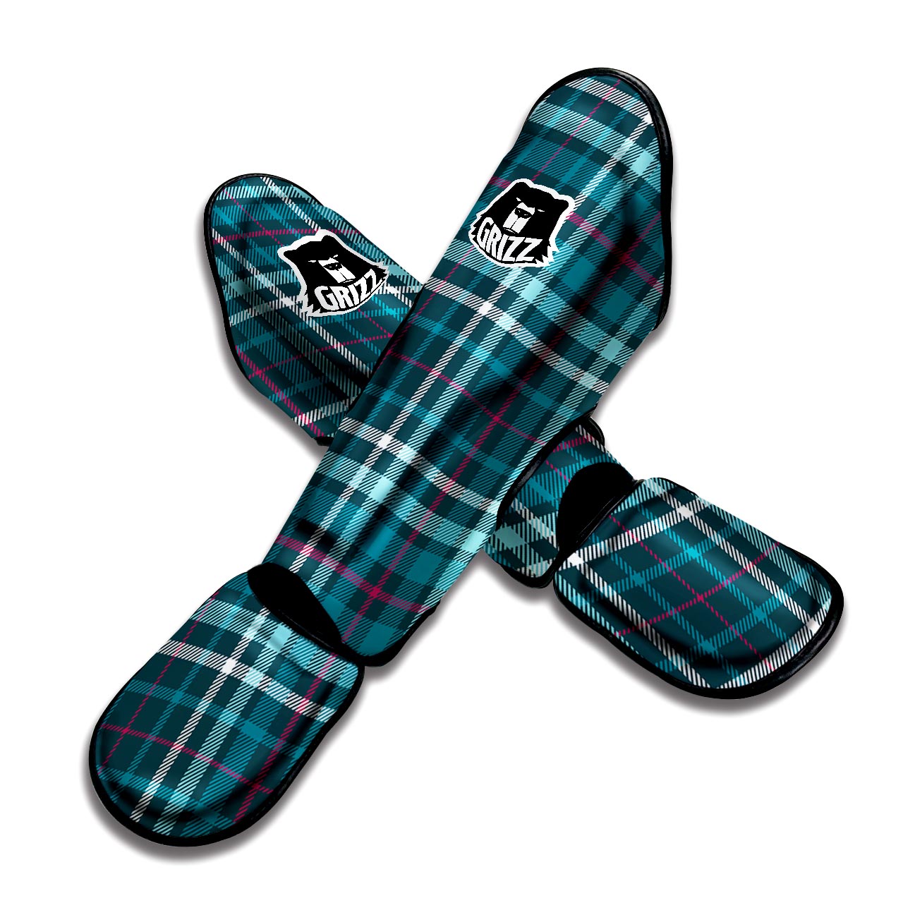 Blue Aqua Plaid Tartan Muay Thai Shin Guard-grizzshop