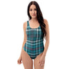 Blue Aqua Plaid Tartan One Piece Swimsuite-grizzshop