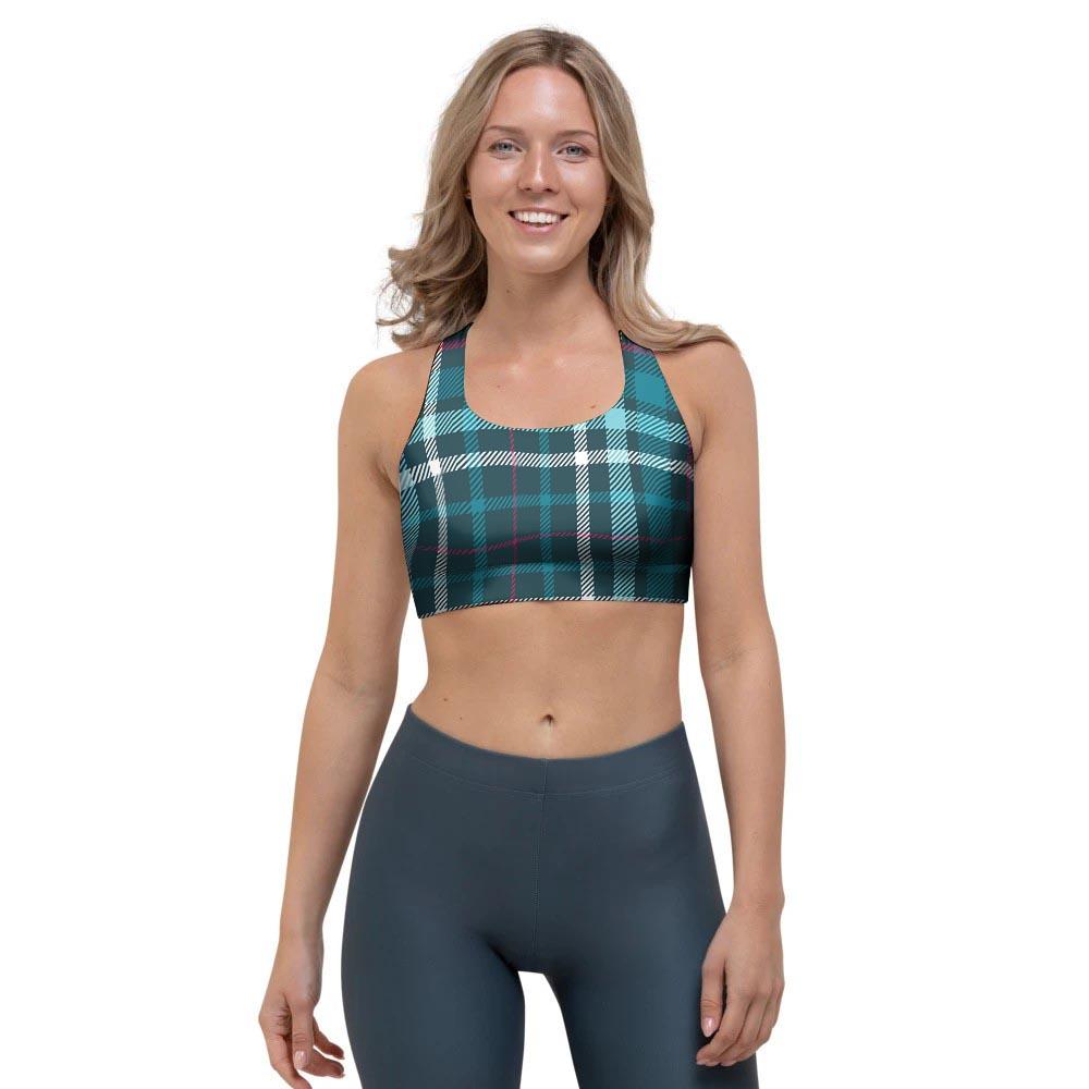 Blue Aqua Plaid Tartan Sports Bra-grizzshop