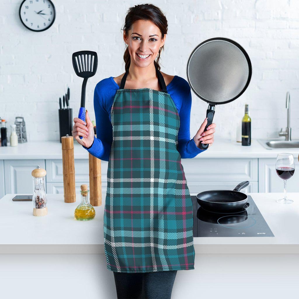 Blue Aqua Plaid Tartan Women's Apron-grizzshop