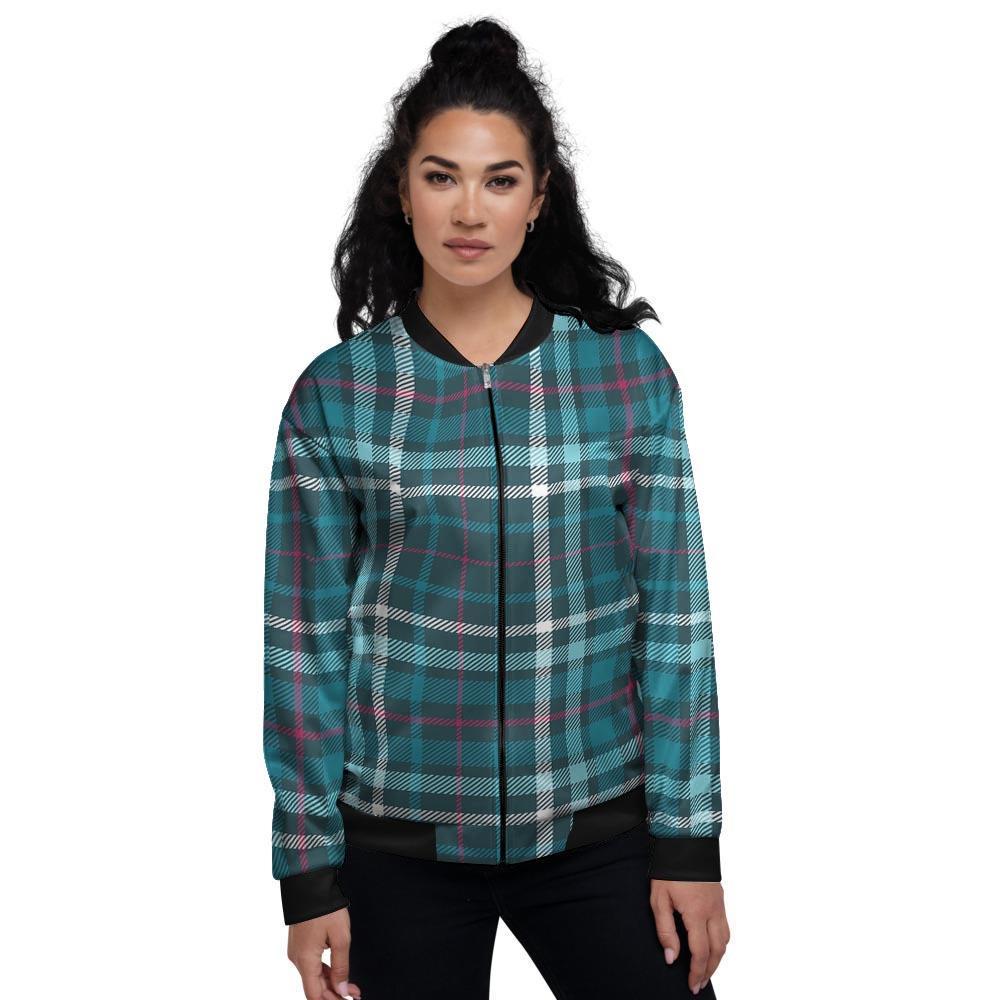 Blue Aqua Plaid Tartan Women's Bomber Jacket-grizzshop