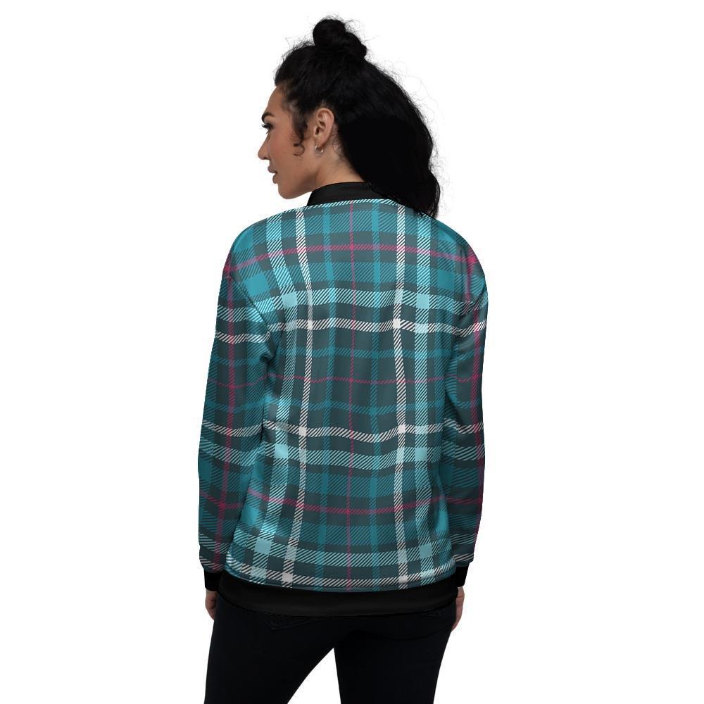 Blue Aqua Plaid Tartan Women's Bomber Jacket-grizzshop