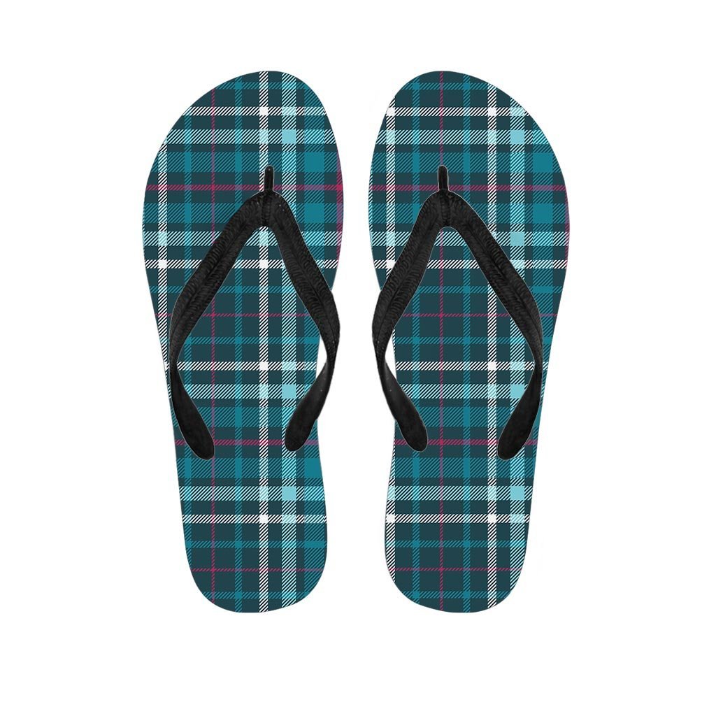 Blue Aqua Plaid Tartan Women's Flip Flops-grizzshop