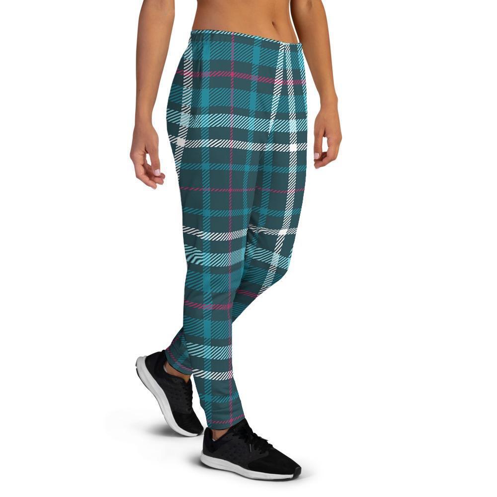 Blue Aqua Plaid Tartan Women's Joggers-grizzshop