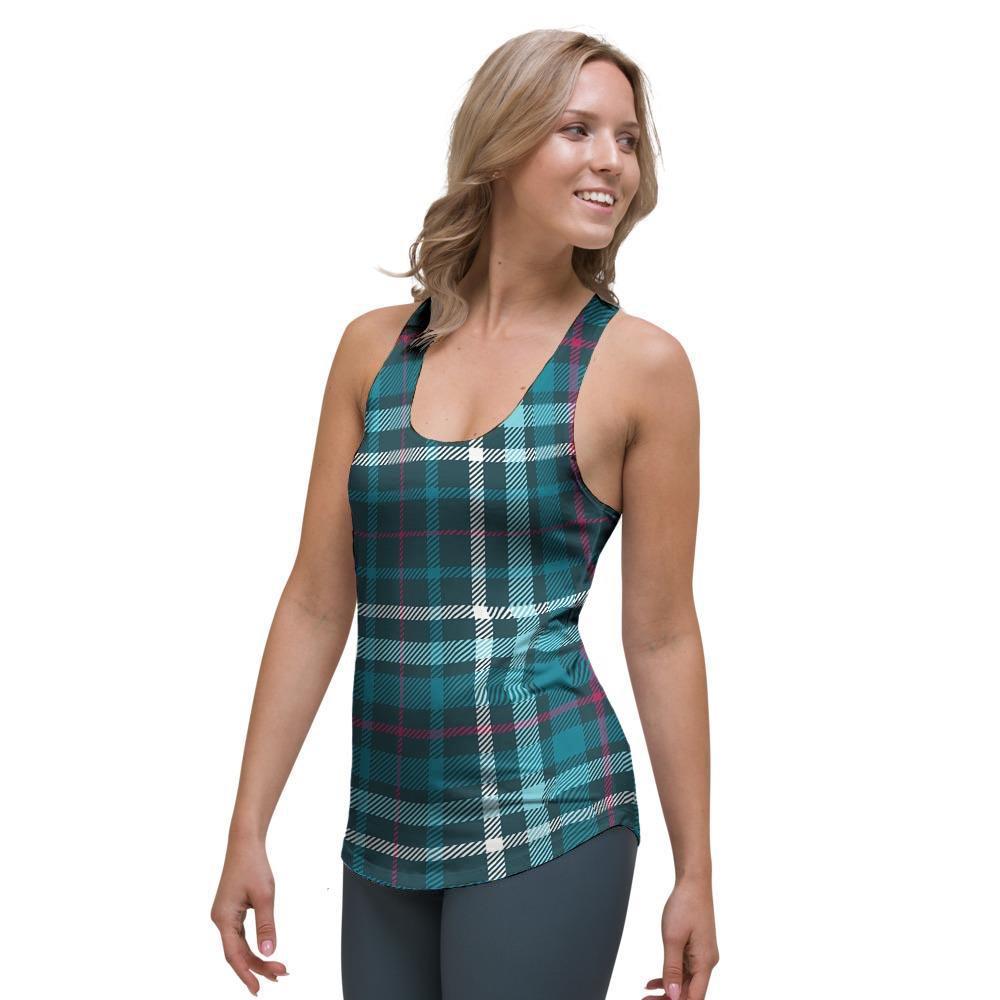 Blue Aqua Plaid Tartan Women's Racerback Tank Top-grizzshop
