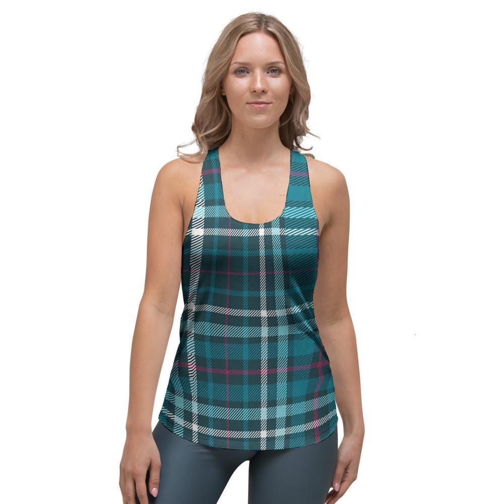 Blue Aqua Plaid Tartan Women's Racerback Tank Top-grizzshop