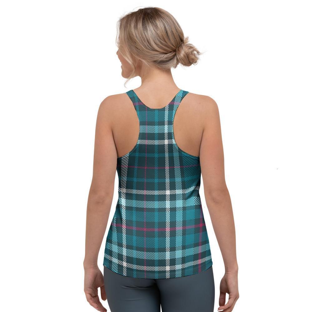 Blue Aqua Plaid Tartan Women's Racerback Tank Top-grizzshop