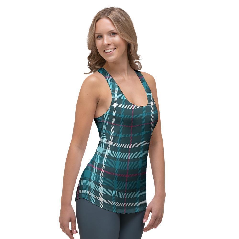 Blue Aqua Plaid Tartan Women's Racerback Tank Top-grizzshop