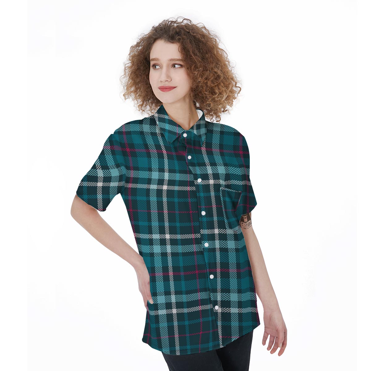 Blue Aqua Plaid Tartan Women's Short Sleeve Shirts-grizzshop